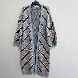 Petal & Pup Women’s Geometric Knit Cardigan in Gray, Brown, & Blue Oversized